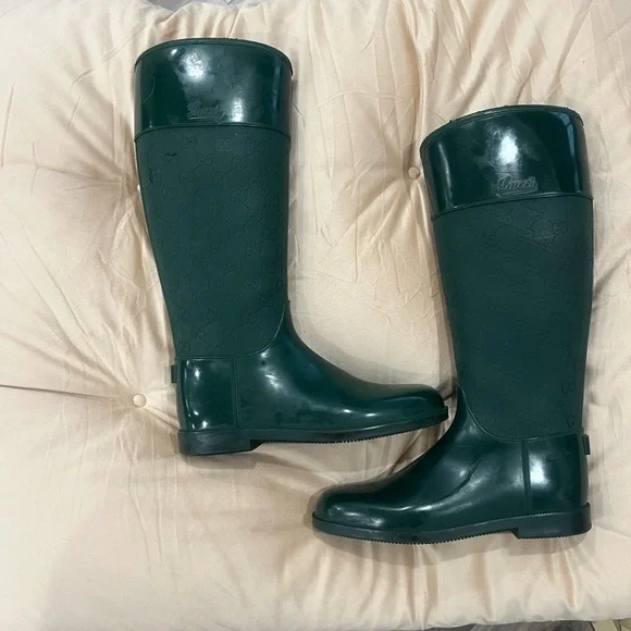GUCCI Green Monogram GG Supreme Rain Boots Knee Calf High sz. 36 - Picture 2 of 15